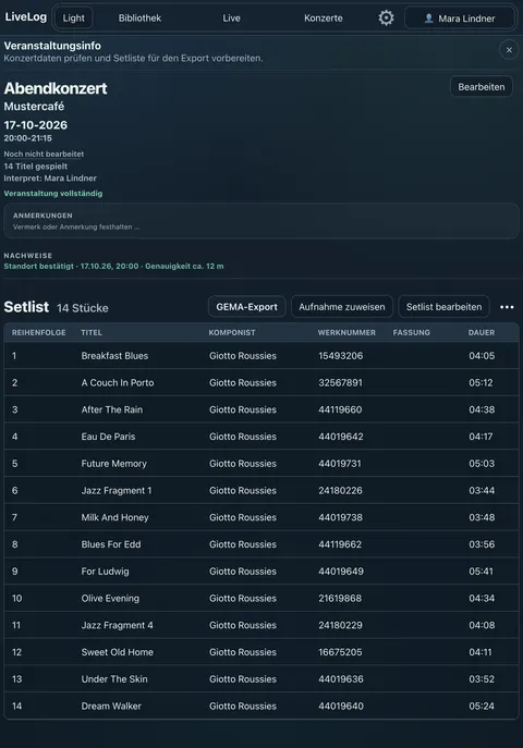 Konzertansicht mit fertiger Setlist, Werknummern, Dauern und bestätigtem Standort